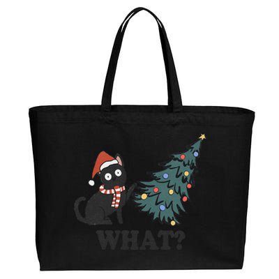 Black Cat Pushing Christmas Tree Over Cat What Christmas Cotton Canvas Jumbo Tote