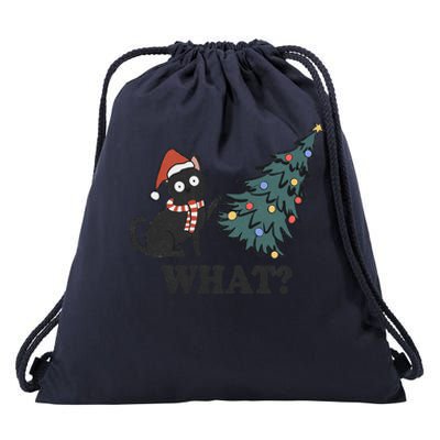 Black Cat Pushing Christmas Tree Over Cat What Christmas Drawstring Bag