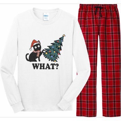 Black Cat Pushing Christmas Tree Over Cat What Christmas Long Sleeve Pajama Set