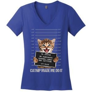 Bad Cat Prison Jail Catnip Made Me Do It Prisoner Funny Cat Gift Women's V-Neck T-Shirt