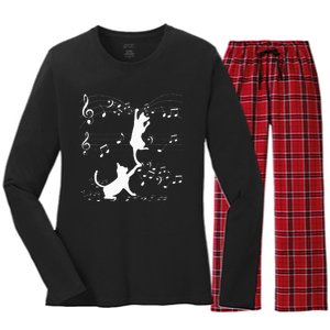 Black Cats Playing With Music Note Cat Lover Design Women's Long Sleeve Flannel Pajama Set 