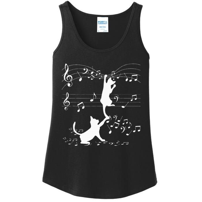 Black Cats Playing With Music Note Cat Lover Design Ladies Essential Tank