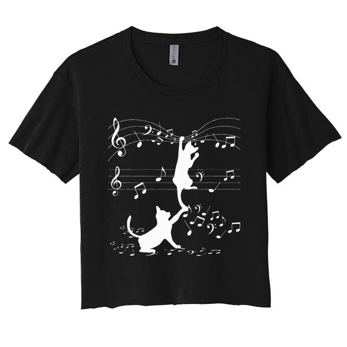 Black Cats Playing With Music Note Cat Lover Design Women's Crop Top Tee