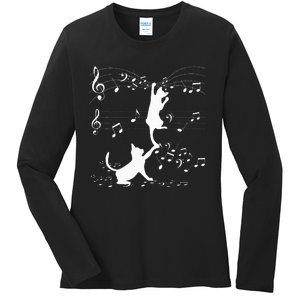 Black Cats Playing With Music Note Cat Lover Design Ladies Long Sleeve Shirt