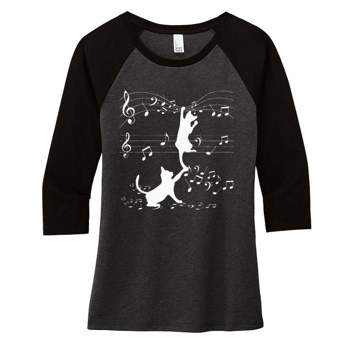 Black Cats Playing With Music Note Cat Lover Design Women's Tri-Blend 3/4-Sleeve Raglan Shirt