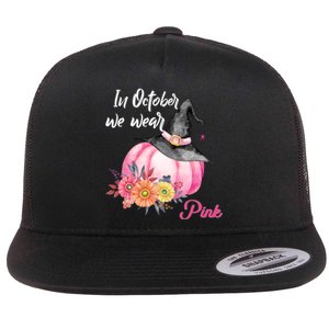 Breast Cancer Pumpkin Witch Flat Bill Trucker Hat