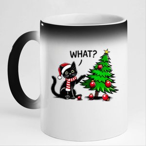 Black Cat Pushing Christmas Tree Over Cat What Xmas 11oz Black Color Changing Mug