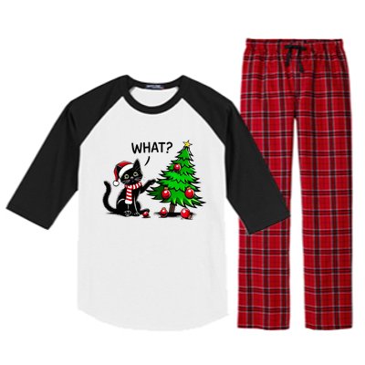 Black Cat Pushing Christmas Tree Over Cat What Xmas Raglan Sleeve Pajama Set