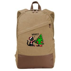 Black Cat Pushing Christmas Tree Over Cat What Xmas Cotton Canvas Backpack