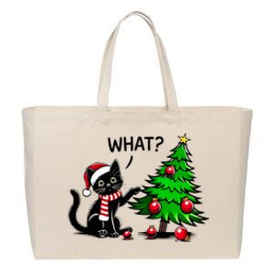 Black Cat Pushing Christmas Tree Over Cat What Xmas Cotton Canvas Jumbo Tote