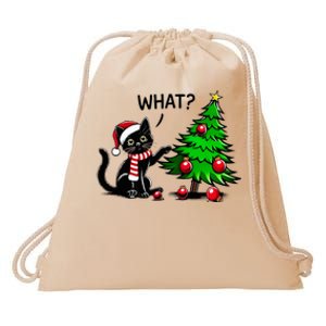 Black Cat Pushing Christmas Tree Over Cat What Xmas Drawstring Bag