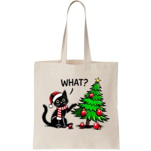 Black Cat Pushing Christmas Tree Over Cat What Xmas Tote Bag