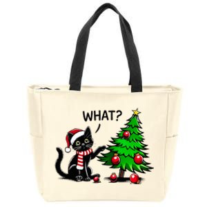 Black Cat Pushing Christmas Tree Over Cat What Xmas Zip Tote Bag