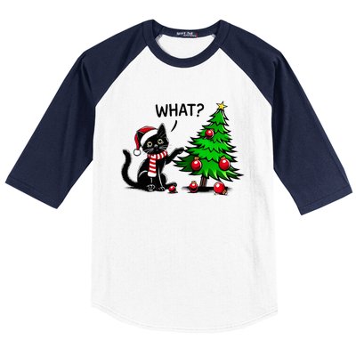 Black Cat Pushing Christmas Tree Over Cat What Xmas Baseball Sleeve Shirt