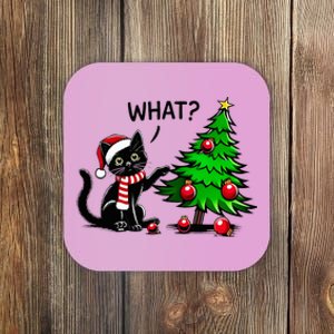 Black Cat Pushing Christmas Tree Over Cat What Xmas Coaster