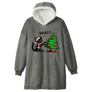 Black Cat Pushing Christmas Tree Over Cat What Xmas Hooded Wearable Blanket