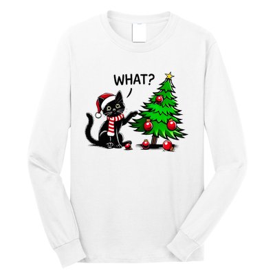 Black Cat Pushing Christmas Tree Over Cat What Xmas Long Sleeve Shirt