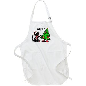 Black Cat Pushing Christmas Tree Over Cat What Xmas Full-Length Apron With Pockets