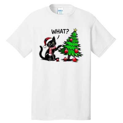 Black Cat Pushing Christmas Tree Over Cat What Xmas Tall T-Shirt