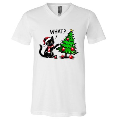 Black Cat Pushing Christmas Tree Over Cat What Xmas V-Neck T-Shirt