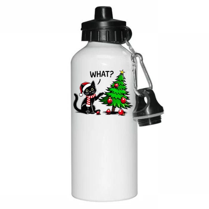 Black Cat Pushing Christmas Tree Over Cat What Xmas Aluminum Water Bottle