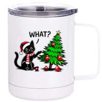 Black Cat Pushing Christmas Tree Over Cat What Xmas 12 oz Stainless Steel Tumbler Cup