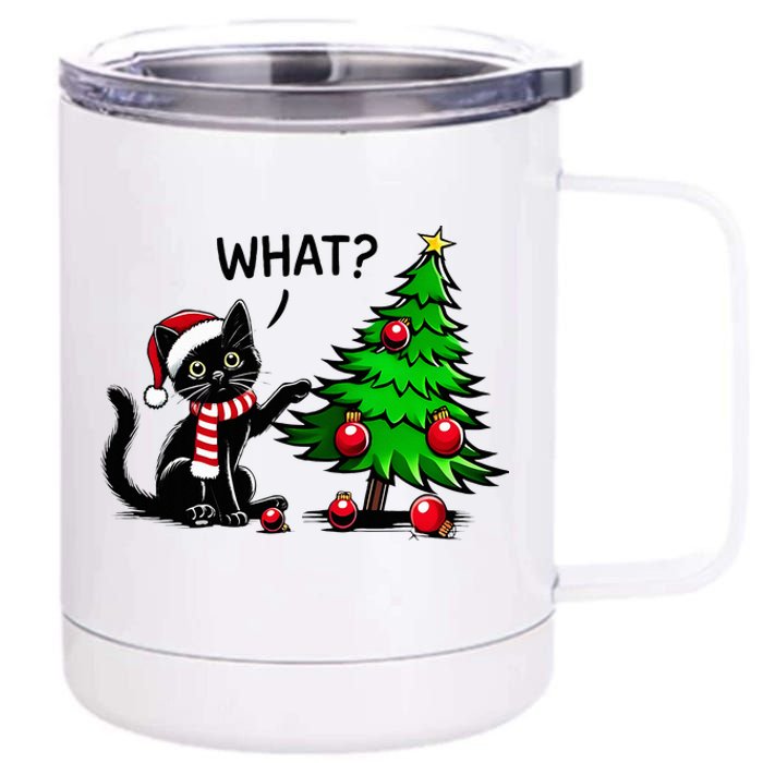 Black Cat Pushing Christmas Tree Over Cat What Xmas 12 oz Stainless Steel Tumbler Cup