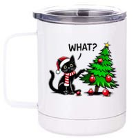 Black Cat Pushing Christmas Tree Over Cat What Xmas 12 oz Stainless Steel Tumbler Cup