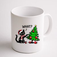 Black Cat Pushing Christmas Tree Over Cat What Xmas Coffee Mug