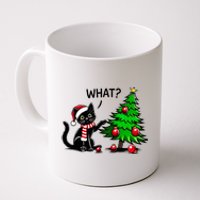 Black Cat Pushing Christmas Tree Over Cat What Xmas Coffee Mug