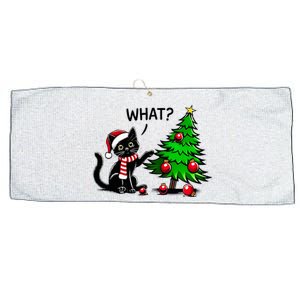 Black Cat Pushing Christmas Tree Over Cat What Xmas Large Microfiber Waffle Golf Towel