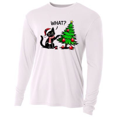 Black Cat Pushing Christmas Tree Over Cat What Xmas Cooling Performance Long Sleeve Crew