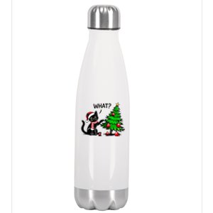 Black Cat Pushing Christmas Tree Over Cat What Xmas Stainless Steel Insulated Water Bottle