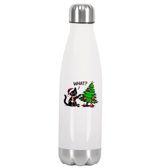 Black Cat Pushing Christmas Tree Over Cat What Xmas Stainless Steel Insulated Water Bottle