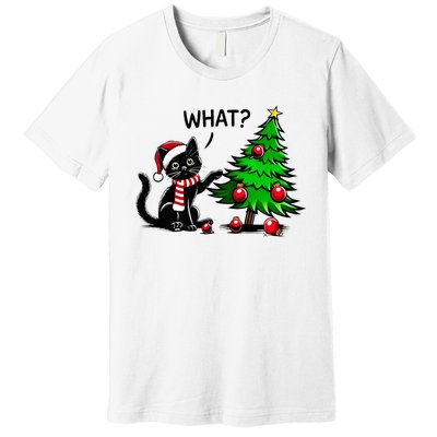 Black Cat Pushing Christmas Tree Over Cat What Xmas Premium T-Shirt