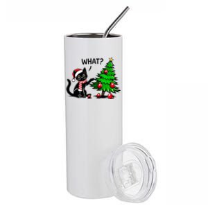 Black Cat Pushing Christmas Tree Over Cat What Xmas Stainless Steel Tumbler