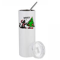 Black Cat Pushing Christmas Tree Over Cat What Xmas Stainless Steel Tumbler