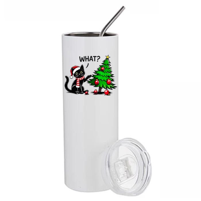 Black Cat Pushing Christmas Tree Over Cat What Xmas Stainless Steel Tumbler