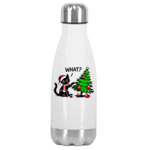 Black Cat Pushing Christmas Tree Over Cat What Xmas Stainless Steel Insulated Water Bottle