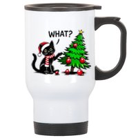 Black Cat Pushing Christmas Tree Over Cat What Xmas Stainless Steel Travel Mug