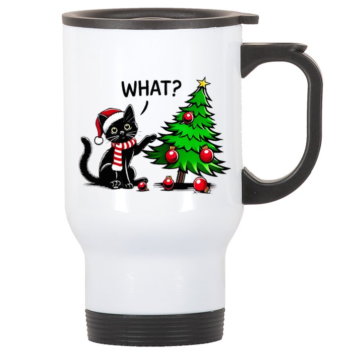 Black Cat Pushing Christmas Tree Over Cat What Xmas Stainless Steel Travel Mug