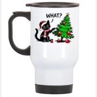 Black Cat Pushing Christmas Tree Over Cat What Xmas Stainless Steel Travel Mug