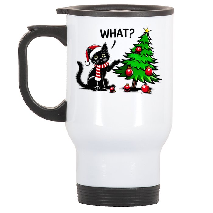 Black Cat Pushing Christmas Tree Over Cat What Xmas Stainless Steel Travel Mug