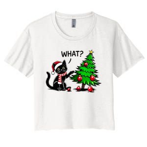 Black Cat Pushing Christmas Tree Over Cat What Xmas Women's Crop Top Tee