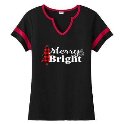 Buffalo Check Plaid Merry And Bright Christmas Holiday Raglan Baseball Ladies Halftime Notch Neck Tee