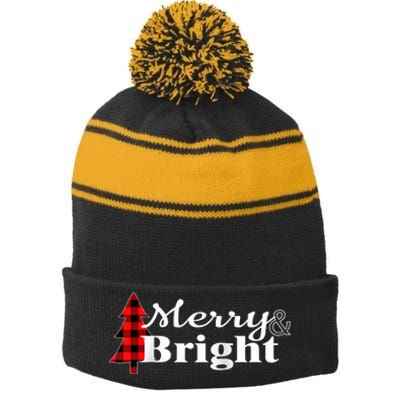 Buffalo Check Plaid Merry And Bright Christmas Holiday Raglan Baseball Stripe Pom Pom Beanie