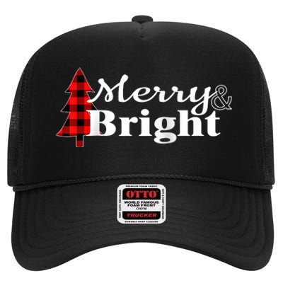 Buffalo Check Plaid Merry And Bright Christmas Holiday Raglan Baseball High Crown Mesh Back Trucker Hat