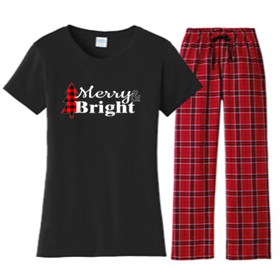 Buffalo Check Plaid Merry And Bright Christmas Holiday Raglan Baseball Women's Flannel Pajama Set