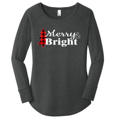 Buffalo Check Plaid Merry And Bright Christmas Holiday Raglan Baseball Women's Perfect Tri Tunic Long Sleeve Shirt