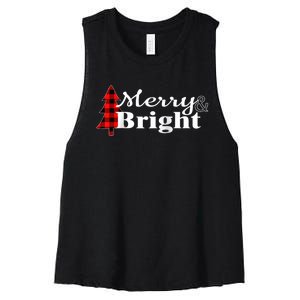 Buffalo Check Plaid Merry And Bright Christmas Holiday Raglan Baseball Women's Racerback Cropped Tank